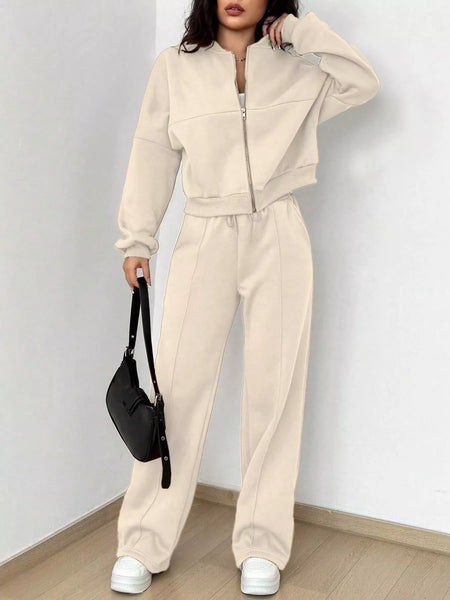 Casual Solid Color Zipper Jacket and Wide Leg Pants Set - Image 4