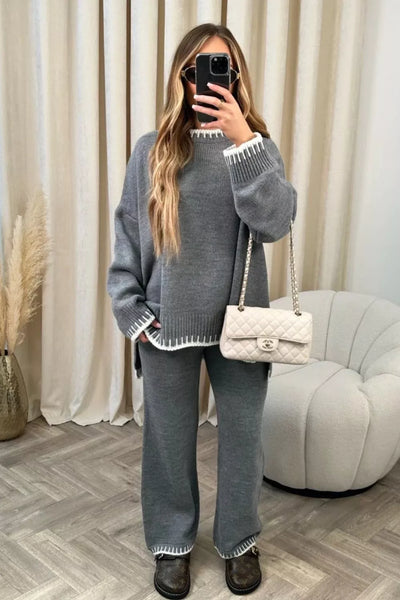 Contrast Trim Round Neck Top and Pants Sweater Set - Image 3