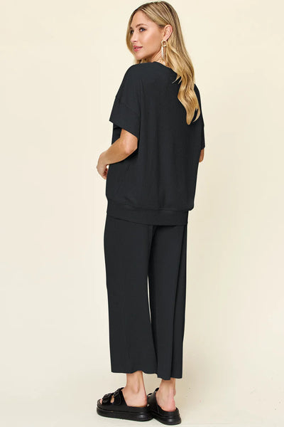 Double Take Full Size Texture Round Neck Short Sleeve T-Shirt and Wide Leg Pants - Image 20