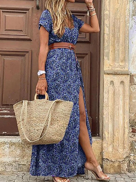Full Size Printed V-Neck Short Sleeve Maxi Dress Plus Size - Image 9
