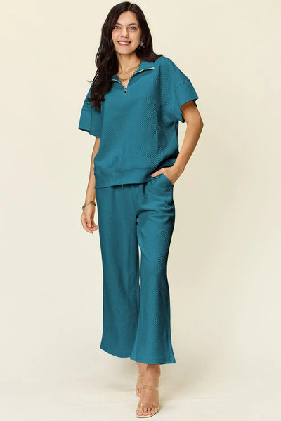 Double Take Full Size Texture Half Zip Short Sleeve Top and Pants Set - Image 7