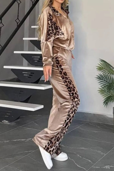 Full Size Collared Neck Leopard Zip Up Top and Pants Set Plus Size - Image 9