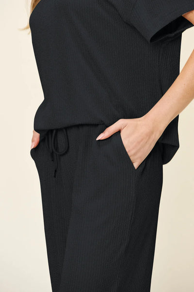 Double Take Full Size Texture Round Neck Short Sleeve T-Shirt and Wide Leg Pants - Image 21
