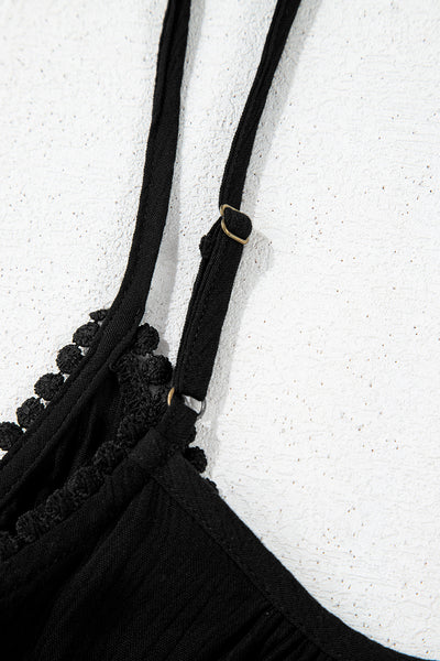 Black Floral Embroidery Ruffled Spaghetti Straps Tank Top - Image 8