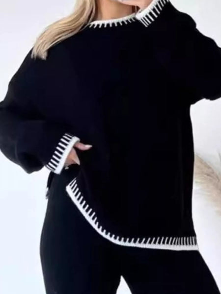 Contrast Trim Round Neck Top and Pants Sweater Set - Image 21