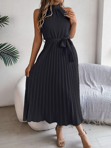 Pleated Tie Waist Sleeveless Midi Dress - Image 17