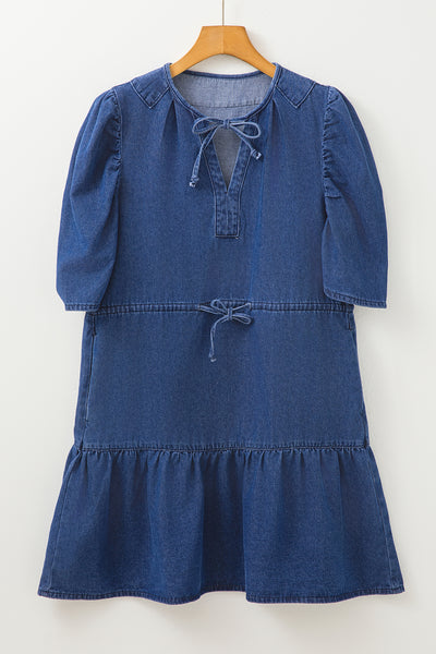 Blue Drawstring High Waist Puff Sleeve Denim Mini Dress - Image 8