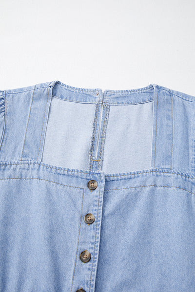 Beau Blue Denim Button Detail Babydoll Square Neck Mini Dress - Image 8