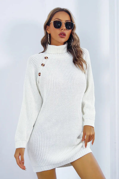 Buttoned Turtleneck Long Sleeve Sweater Dress - Image 4