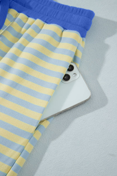 Pink Stripe Colorblock Trim Crew Neck Loose Tee Drawstring Elastic Waist 2pcs Pant Set - Image 20