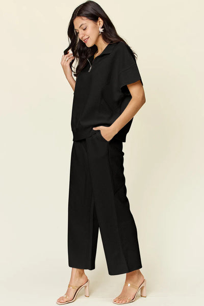 Double Take Full Size Texture Half Zip Short Sleeve Top and Pants Set - Image 2