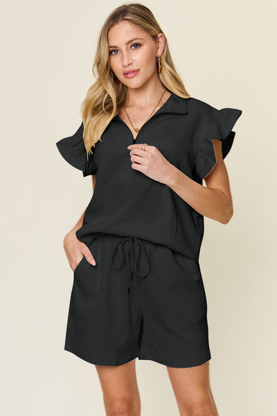 Double Take Full Size Texture Flounce Sleeve Top and Drawstring Shorts Set - Image 10