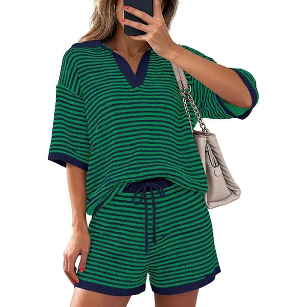 Women’s Striped 2 Piece Lounge Set Short Sleeve V Neck Top Drawstring Shorts Beach Summer Outfits - Image 10