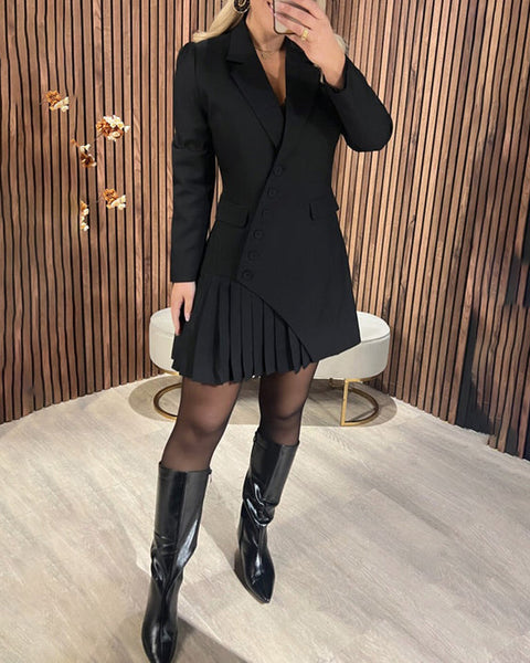 Stylish Mini Dress for Women Notch-Lapel Long-Sleeve Pleated - Image 4