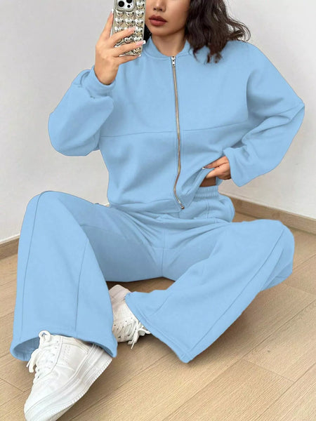 Casual Solid Color Zipper Jacket and Wide Leg Pants Set - Image 9