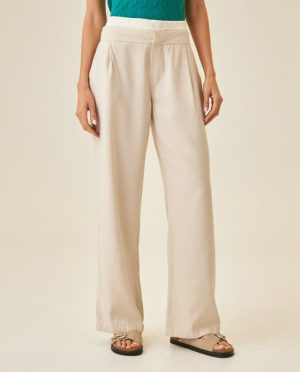 Women's Pants Wide Leg High Rise Rayon Blend Double Waistband - Beige