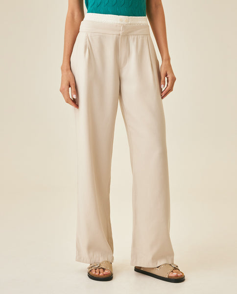 Women's Pants Wide Leg High Rise Rayon Blend Double Waistband - Beige