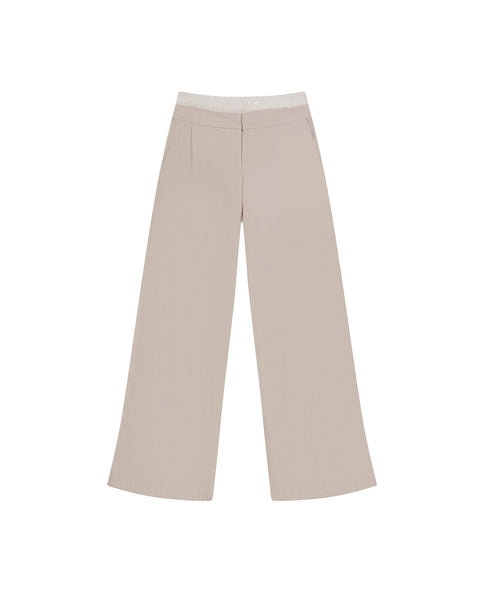 Women's Pants Wide Leg High Rise Rayon Blend Double Waistband - Beige - Image 2