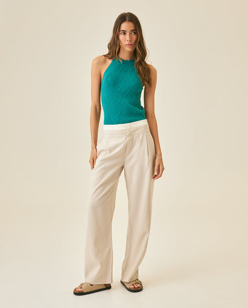 Women's Pants Wide Leg High Rise Rayon Blend Double Waistband - Beige - Image 3