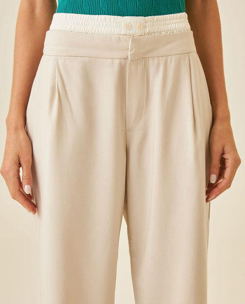 Women's Pants Wide Leg High Rise Rayon Blend Double Waistband - Beige - Image 4