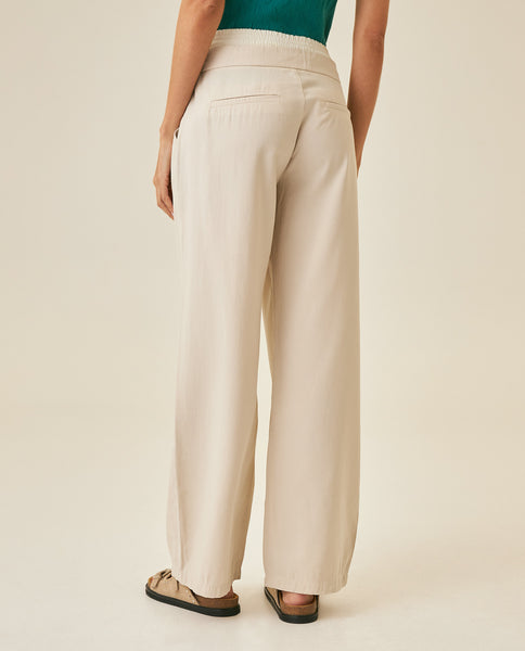 Women's Pants Wide Leg High Rise Rayon Blend Double Waistband - Beige - Image 5