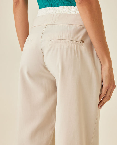 Women's Pants Wide Leg High Rise Rayon Blend Double Waistband - Beige - Image 6