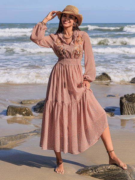 Embroidered Polka Dot Tie Neck Long Sleeve Midi Dress - Image 6