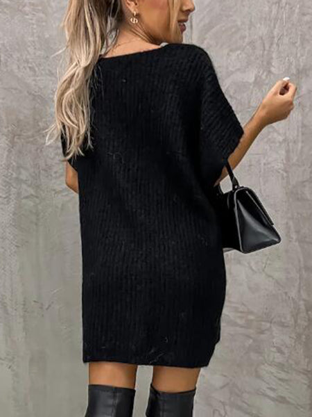 Short Sleeve Sweater Dress with Pockets - Image 6
