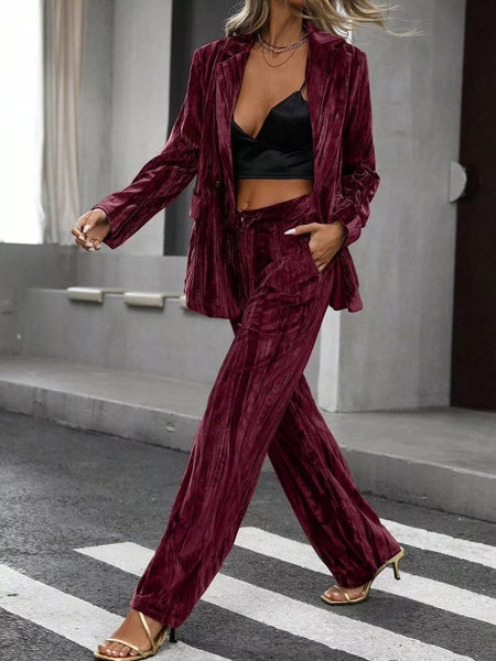 Lapel Collar Long Sleeve Blazer and Pants Set - Image 17
