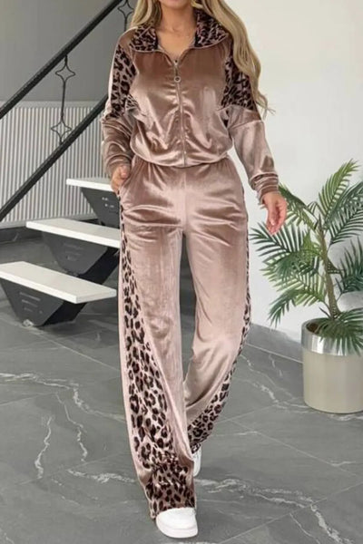 Full Size Collared Neck Leopard Zip Up Top and Pants Set Plus Size - Image 8