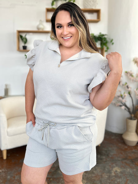 Double Take Full Size Texture Flounce Sleeve Top and Drawstring Shorts Set - Image 3