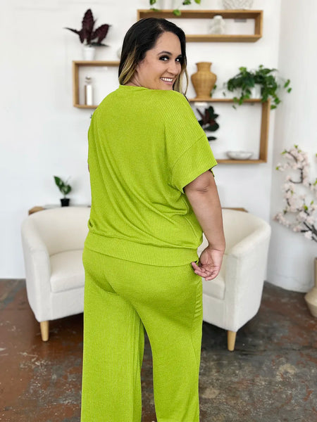 Double Take Full Size Texture Round Neck Short Sleeve T-Shirt and Wide Leg Pants - Image 9