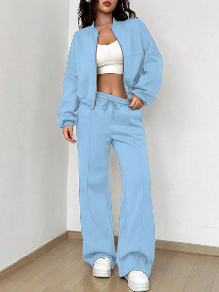 Casual Solid Color Zipper Jacket and Wide Leg Pants Set - Image 14