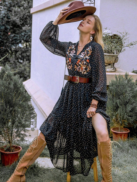 Embroidered Polka Dot Tie Neck Long Sleeve Midi Dress - Image 5
