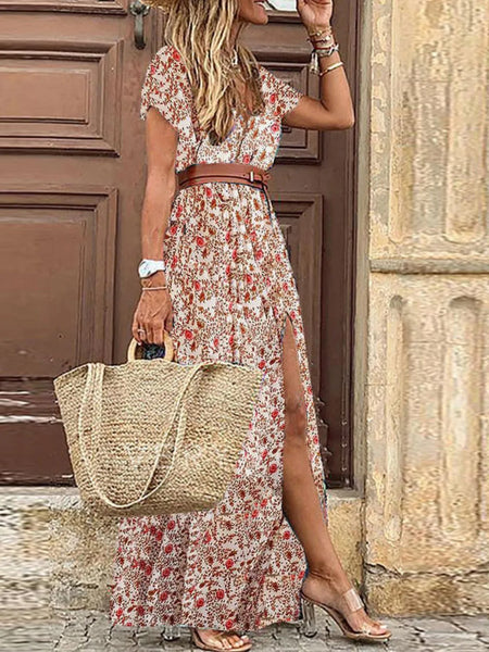 Full Size Printed V-Neck Short Sleeve Maxi Dress Plus Size - Image 6