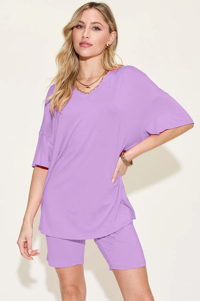 Basic Bae Bamboo Full Size V-Neck Drop Shoulder T-Shirt and Shorts Set - Image 6