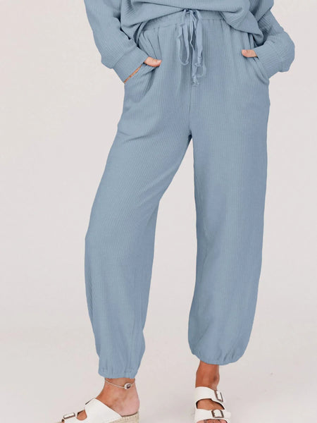 Ribbed Round Neck Sweatshirt and Drawstring Pants Set - Image 5