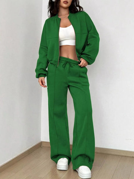 Casual Solid Color Zipper Jacket and Wide Leg Pants Set - Image 11