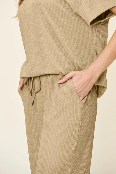 Double Take Full Size Texture Round Neck Short Sleeve T-Shirt and Wide Leg Pants - Image 33