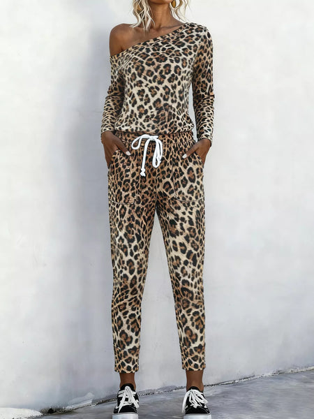 Leopard Print One-Shoulder Top and Pants Set - Image 2