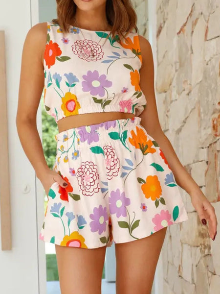 Floral Round Neck Tank and Shorts Set - Image 3