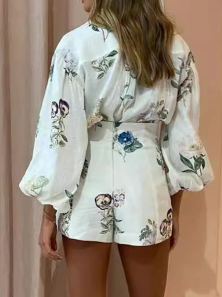 Printed Balloon Sleeve Top and Shorts Set - Image 3