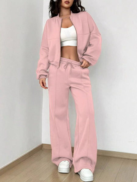 Casual Solid Color Zipper Jacket and Wide Leg Pants Set - Image 6