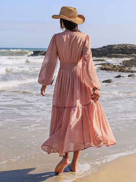 Embroidered Polka Dot Tie Neck Long Sleeve Midi Dress - Image 10