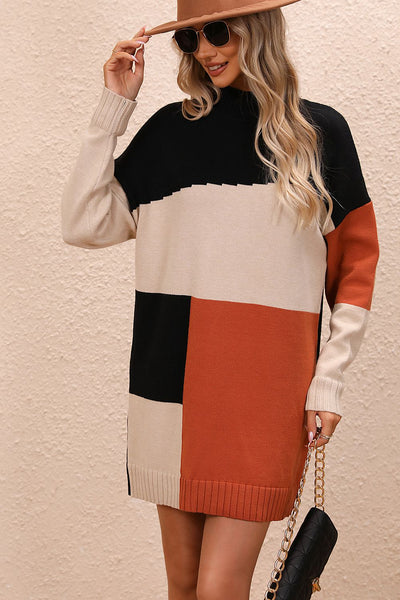 Color Block Mock Neck Dropped Shoulder Sweater Dress - Image 4