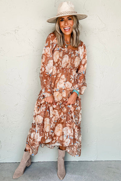 Brown Floral Print Shirred Square Neck High Waist Maxi Dress - Image 3