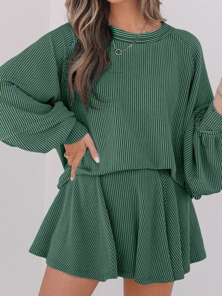Corded Lantern Sleeve Top and High Waist Mini Skirt Set - Image 3