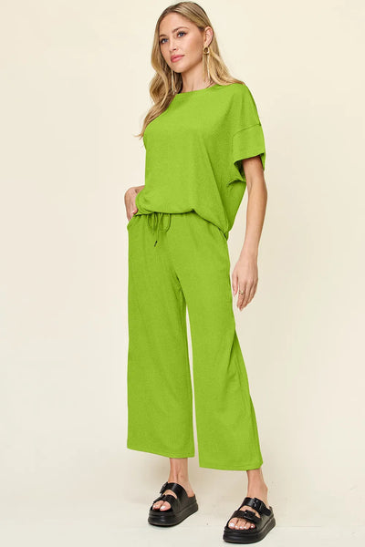 Double Take Full Size Texture Round Neck Short Sleeve T-Shirt and Wide Leg Pants - Image 2