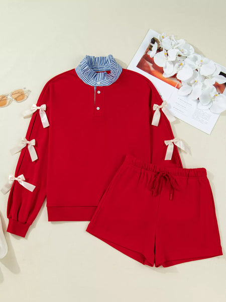 Striped Collar Patchwork Satin Bow Sweatshirt and Shorts Set - Image 2