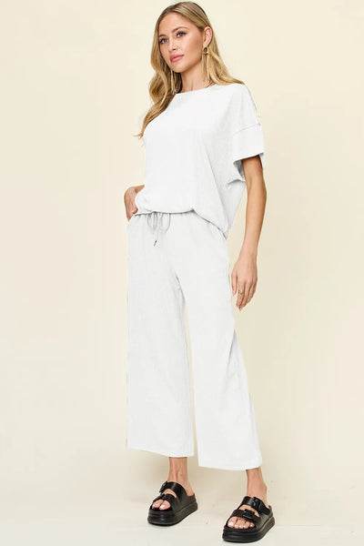 Double Take Full Size Texture Round Neck Short Sleeve T-Shirt and Wide Leg Pants - Image 26